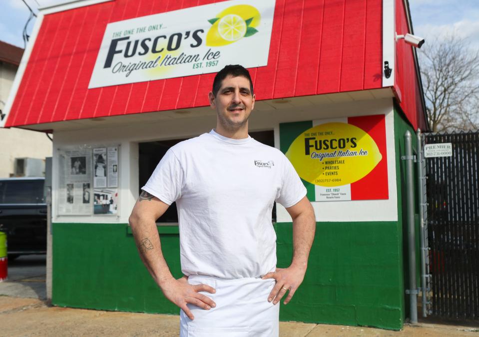 Joe Staffieri at his Fusco's Original Italian Ice stand on Union Street in Wilmington in 2023.