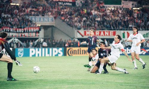 Ajax Amsterdam’s Patrick Kluivert, center, scores the match-winning goal, as Milan’s Alessandro Costacurta, second left, and teammate Franco Baresi, left, fail to defend and Milan goalie Sebastiano Rossi gets beaten during the European Champions Cup final in Vienna on Wednesday, May 24, 1995. (AP Photo/Luca Bruno)