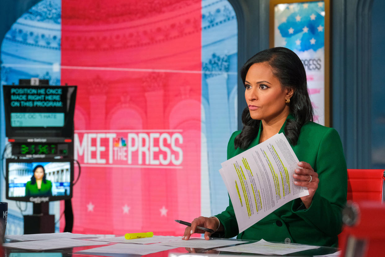 MEET THE PRESS -- Pictured: Guest moderator Kristen Welker appears on Meet the Press in Washington, D.C. Sunday, Oct. 9, 2022.  -- (Photo by: William B. Plowman/NBC via Getty Images)