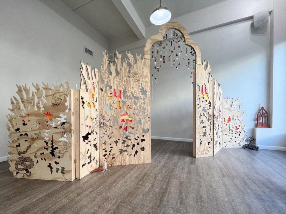 Morgan Rose Free’s sculptural installation The Forest Through The Trees bisects the gallery space at stop-gap projects earlier this fall.