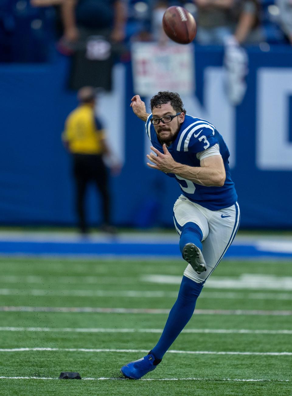 Indianapolis Colts placekicker Rodrigo Blankenship (3), during warmups, Saturday, Aug. 27, 2022, before the final preseason game, Tampa Bay Buccaneers at Indianapolis Colts at Lucas Oil Stadium, Indianapolis. 