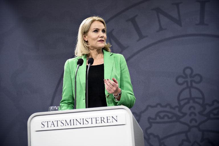 Danish Prime Minister Helle Thorning-Schmidt speaks during a press conference to announce general elections for June 18, 2015, in Copenhagen on May 27, 2015