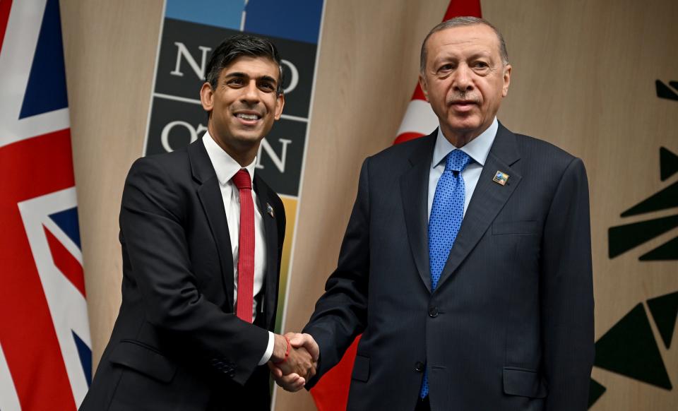 Prime minister Rishi Sunak (left) shakes hands with Turkey’s president Recep Tayyip Erdogan (PA)