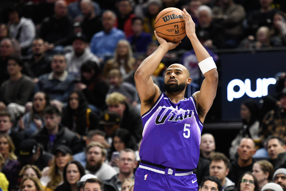 The purple, white and sky blue mountain scheme is back on the Utah Jazz uniforms. (Photo by Alex Goodlett/Getty Images)