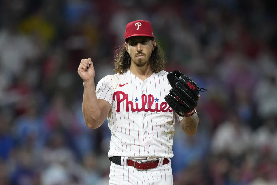 Philadelphia Phillies pitcher Michael Lorenzen reacts after the Phillies won a baseball game against the New York Mets, Sunday, Sept. 24, 2023, in Philadelphia. (AP Photo/Matt Slocum)