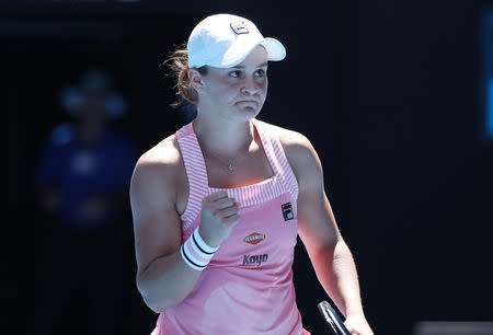 Tennis - Australian Open - Fourth Round - Melbourne Park, Melbourne, Australia, January 20, 2019. Australia's Ashleigh Barty celebrates during the match against Russia's Maria Sharapova. REUTERS/Lucy Nicholson