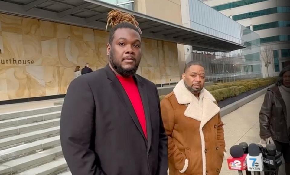 PHOTO: Mark Talley, the son of victim Geraldine Talley, speaks to reporters outside the Robert H. Jackson U.S. Courthouse in Buffalo, New York, Jan. 12, 2024. (ABC News)