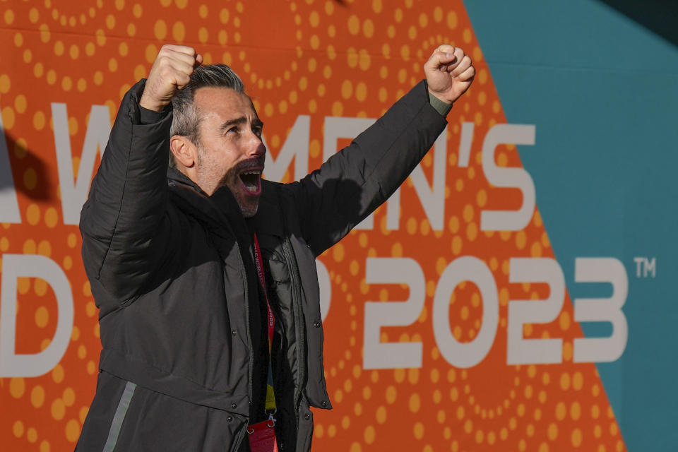 Spain's head coach Jorge Vilda gestures to supporters following their extra time win at the Women's World Cup quarterfinal soccer match against the Netherlands in Wellington, New Zealand, Friday, Aug. 11, 2023. (AP Photo/Alessandra Tarantino)