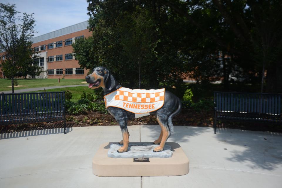 A statue for Smokey XI. The plaque at the base of the statue says it was installed in 2022. Aug. 21, 2023.