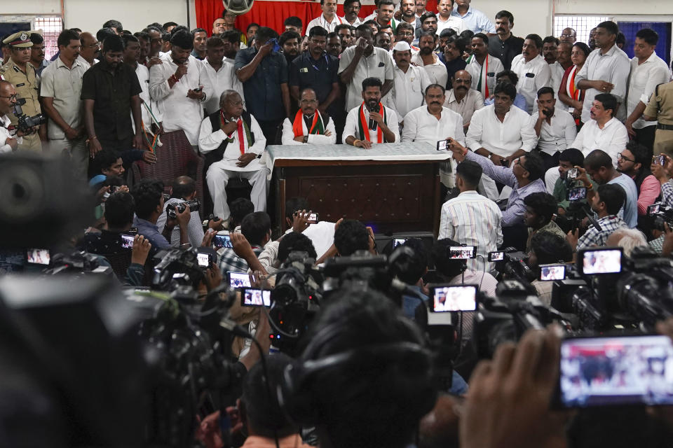 Telangana Pradesh Congress Committe president Anumula Revanth Reddy addresses a press conference after leads for their party in Telangana state elections in Hyderabad, India, Sunday, Dec.3, 2023. India’s Hindu nationalist party was headed for a clear win in three out of four states Sunday, according to the election commission’s website. (AP Photo/Mahesh Kumar A)