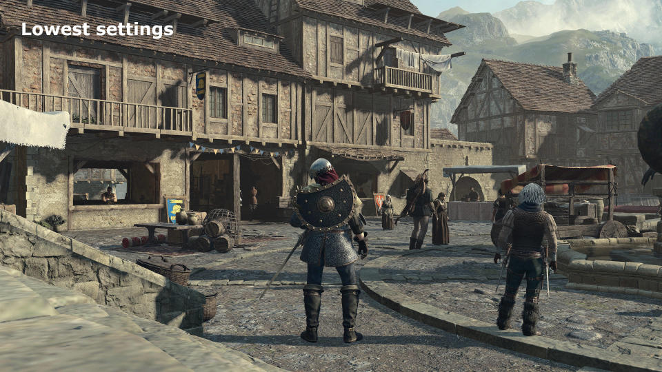 Screenshots from Dragon's Dogma 2 highlighting the visual changes that the game's graphics settings have