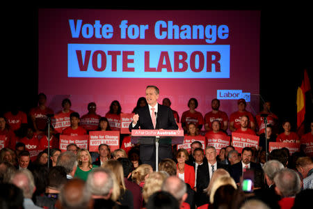 Australian Opposition Leader Bill Shorten delivers a speech during the 'Vote for Change Rally' at Bowman Hall in Blacktown, Sydney, Australia, May 16, 2019. AAP Image/Lukas Coch/via REUTERS