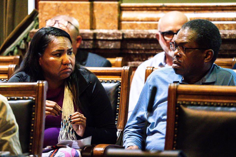 Sarah Young Bear-Brown speaks using American Sign Language during a hearing with the state Boards and Commissions Review Committee at the Iowa State Capitol on Wednesday, September 6, 2023 in Des Moines.