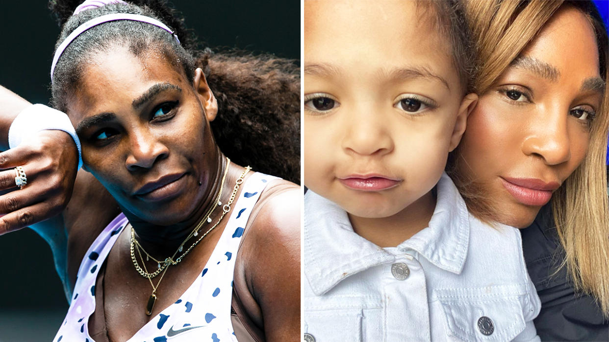 Serena Williams, pictured here at the Australian Open in January, and with daughter Olympia.