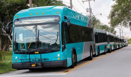 Busses are lined up to transport evacuees after they traveled aboard the Bahamas Paradise Cruise Line ship, Grand Celebration, in Riviera Beach