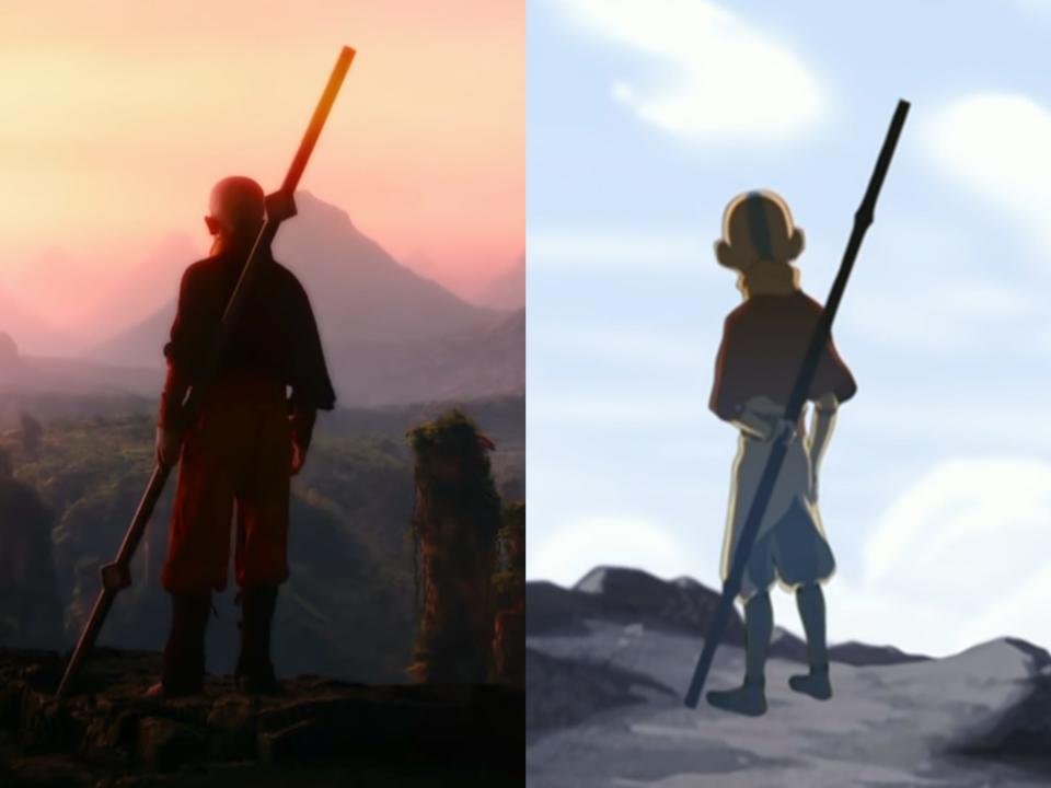 left: aang in the avatar live action, holding his staff at an angle behind him and staring out to a mountain range; right: cartoon aang in a similar position, looking towards the sky