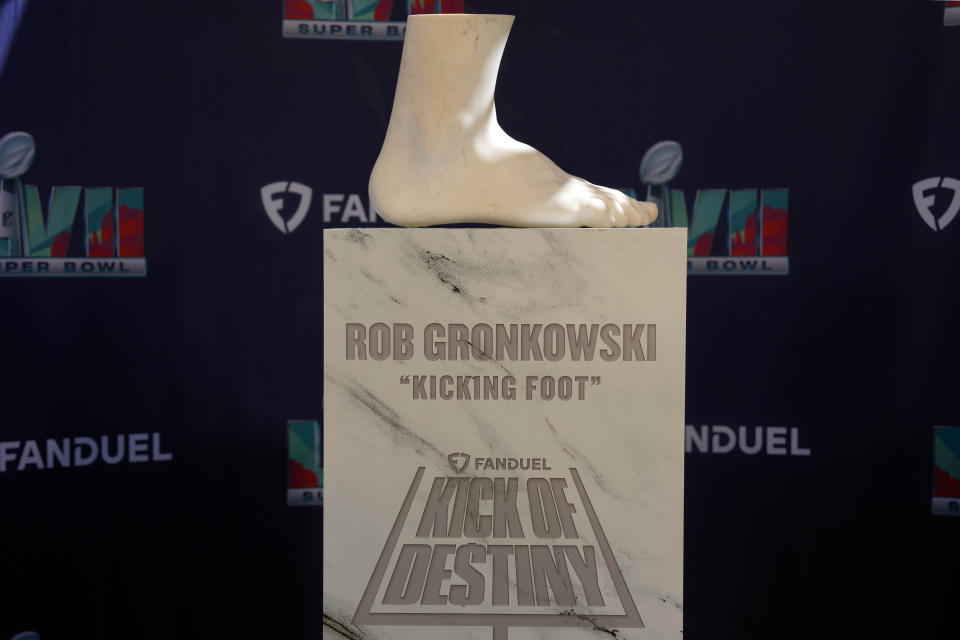 Feb 11, 2023; Phoenix, AZ, USA; A Rob Gronkowski Kicking Foot display at the Super Bowl LVII Experience at the Phoenix Convention Center.  Mandatory Credit: Kirby Lee-USA TODAY Sports