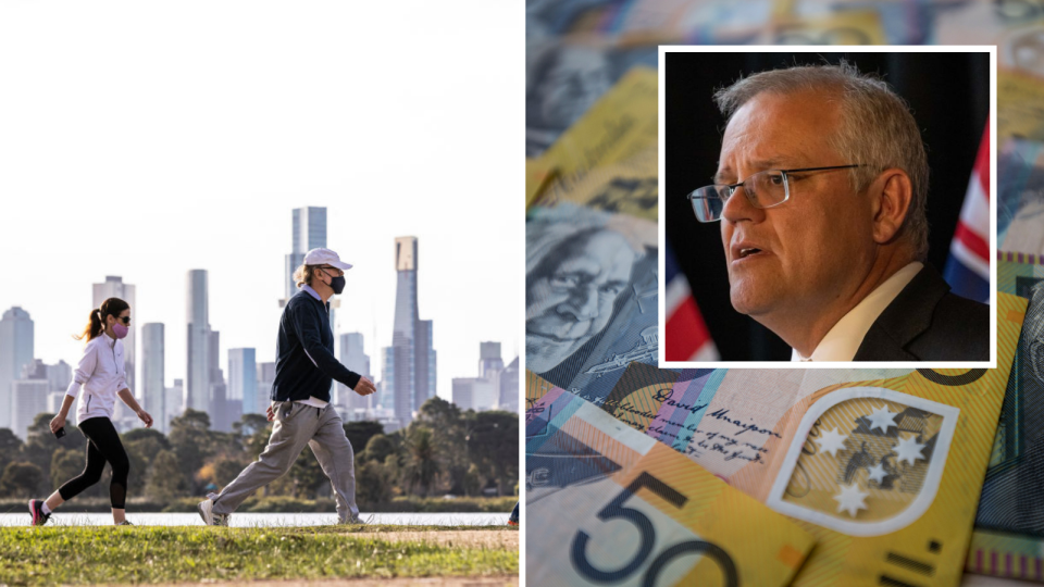 Pictured: People exercise in Melbourne with masks on, Scott Morrison, Australian cash. 