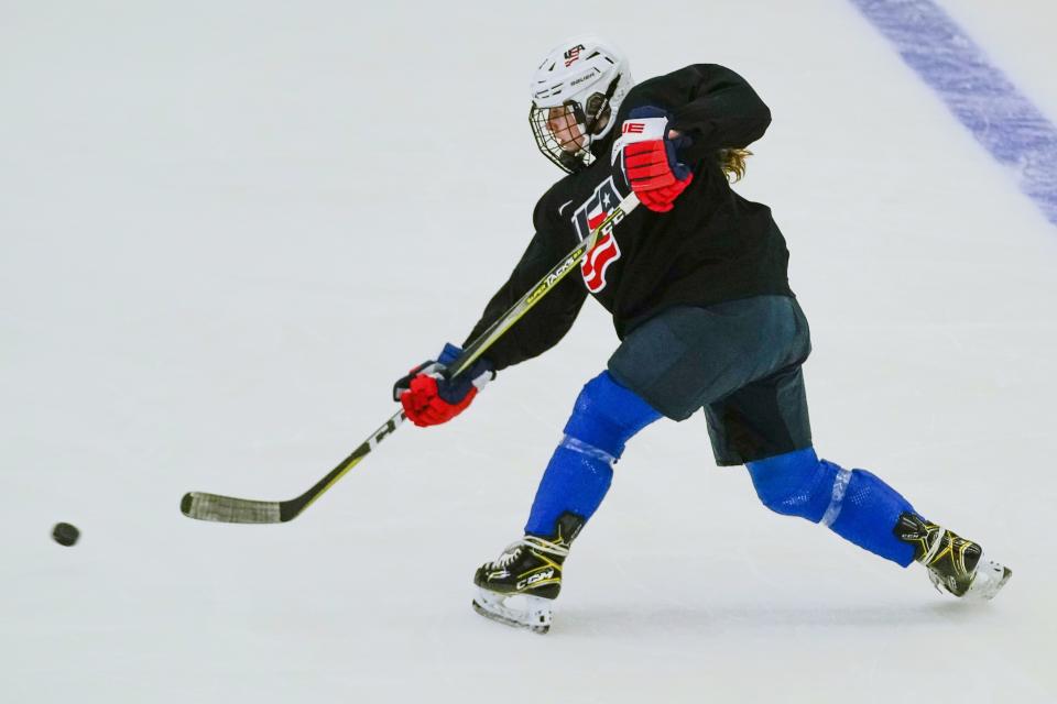 Sydney Morrow practices for the 2022 U.S. U18 Women's World Hockey Championships Saturday, June 11, 2022, in Madison, Wis. Nearly one-third of the players on the U.S. women's hockey team competing in this week’s under-18 World Championships are training at programs outside their home states. (AP Photo/Morry Gash)