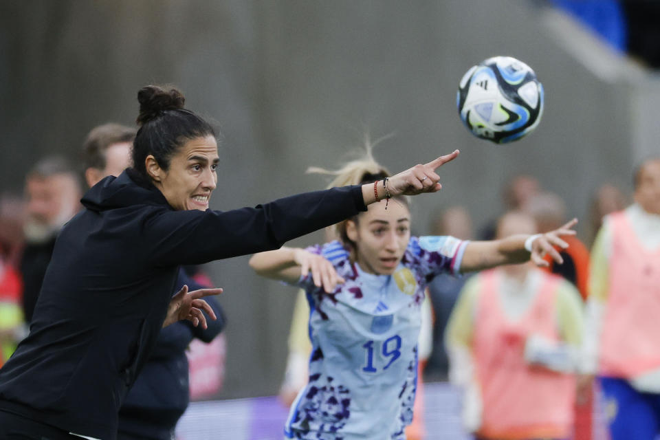 Spain's head coach Montse Tomé gestures during the UEFA Women's Nations League soccer match between Sweden and Spain at Gamla Ullevi stadium in Gothenburg, Sweden, Friday, Sept. 22, 2023. (Björn Larsson Rosvall/TT News Agency via AP)