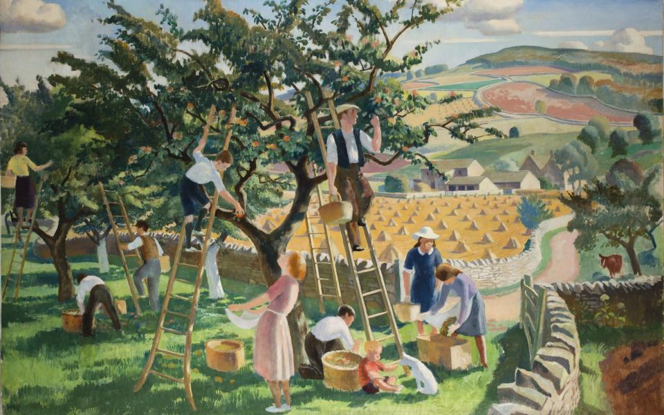 A harvest scene in The Four Seasons, Autumn in the Cotswolds by Adrian Allinson (1890-1959) - bridgeman images