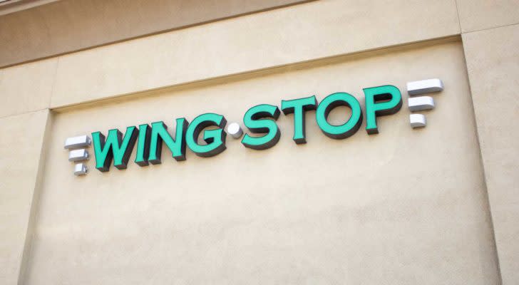 The logo for Wingstop is displayed on a building wall.