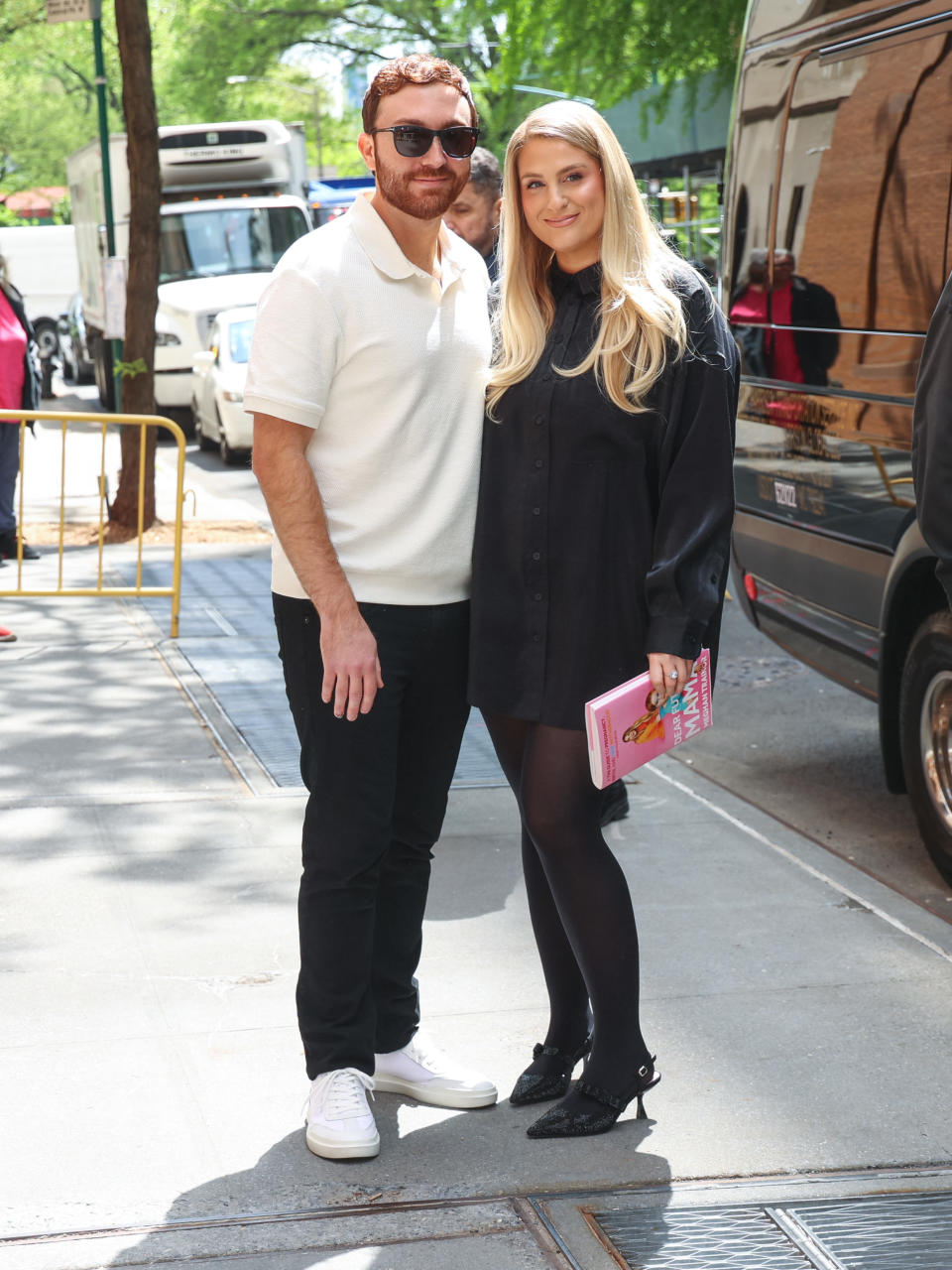 NEW YORK, NY - APRIL 25: Daryl Sabara and Meghan Trainor are seen leaving 'The View' Show on April 25, 2023 in New York City.  (Photo by Jason Howard/Bauer-Griffin/GC Images)