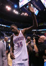 Kevin Durant of the Oklahoma City Thunder waves the crowd after the Thunder's 109-103 victory against the San Antonio Spurs in Game Four of the Western Conference Finals of the 2012 NBA Playoffs at Chesapeake Energy Arena on June 2, 2012 in Oklahoma City, Oklahoma. (Photo by Brett Deering/Getty Images)