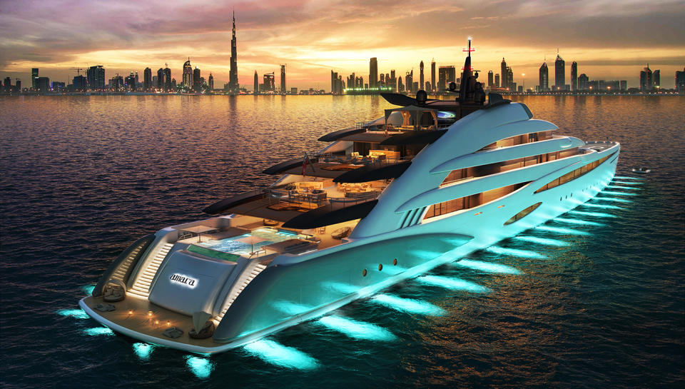 Oceanco debuted plans in Dubai for a 394-foot “resort”-style superyacht, dubbed Amara, which was created in conjunction with Australia-based Sam Sorgiovanni Designs. Penned with an eye toward entertaining and cruising with family and friends, this yacht will be able to provide comfort and relaxation for 20 guests.