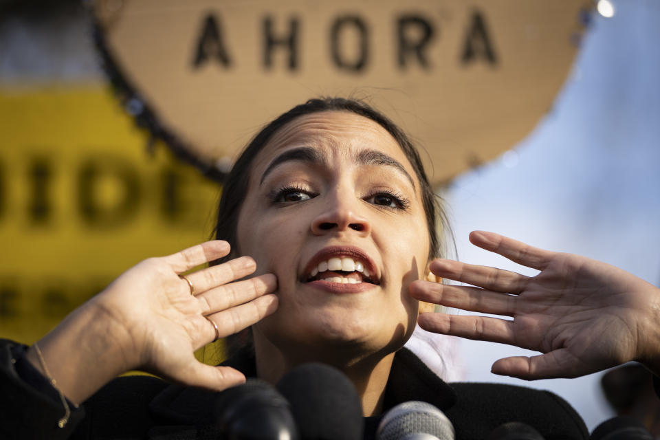 WASHINGTON, DC - DECEMBER 7: Rep. Alexandria Ocasio-Cortez (D-NY) speaks during a rally for immigration provisions to be included in the Build Back Better Act outside the U.S. Capitol  December 7, 2021 in Washington, DC. Progressive Democrats are urging the Senate to include a pathway to citizenship for undocumented immigrants living in the U.S. in the Build Back Better Act. (Photo by Drew Angerer/Getty Images)