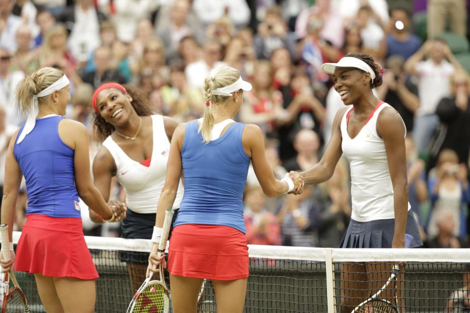 <p>Lucie Hradecka, Serena Williams, Andrea Hlavackova, Venus Williams — (Photo by: Paul Drinkwater/NBC/NBCU Photo Bank via Getty Images) </p>