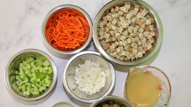 Homemade stuffing ingredients in bowls