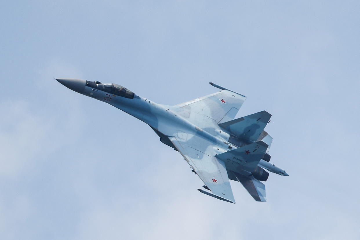 A Russian Sukhoi Su-35S jet fighter performs a flight during the Aviadarts competition, as part of the International Army Games 2021, at the Dubrovichi range outside Ryazan, Russia August 27, 2021. REUTERS/Maxim Shemetov