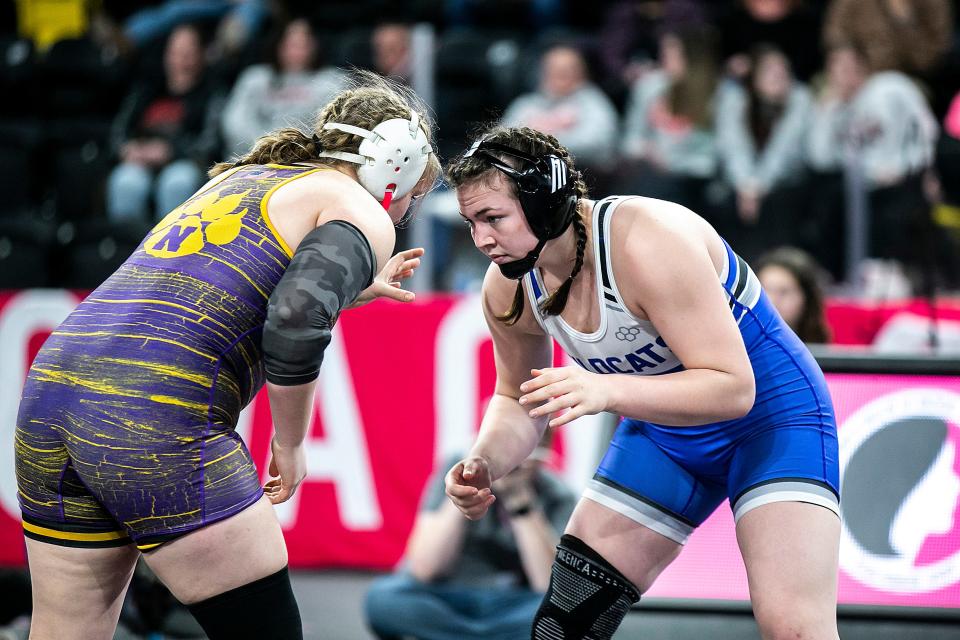 Nevada's Mackenzie Arends, left, wrestles West Lyon's Jana TerWee at 190 pounds in the finals during the IGHSAU state girls wrestling tournament, Friday, Feb. 3, 2023, at the Xtream Arena in Coralville, Iowa.