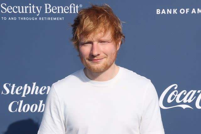 <p>Jerritt Clark/WireImage</p> Ed Sheeran at The Los Angeles Dodgers Foundation's 2024 Blue Diamond Gala at Dodger Stadium on May 2, 2024