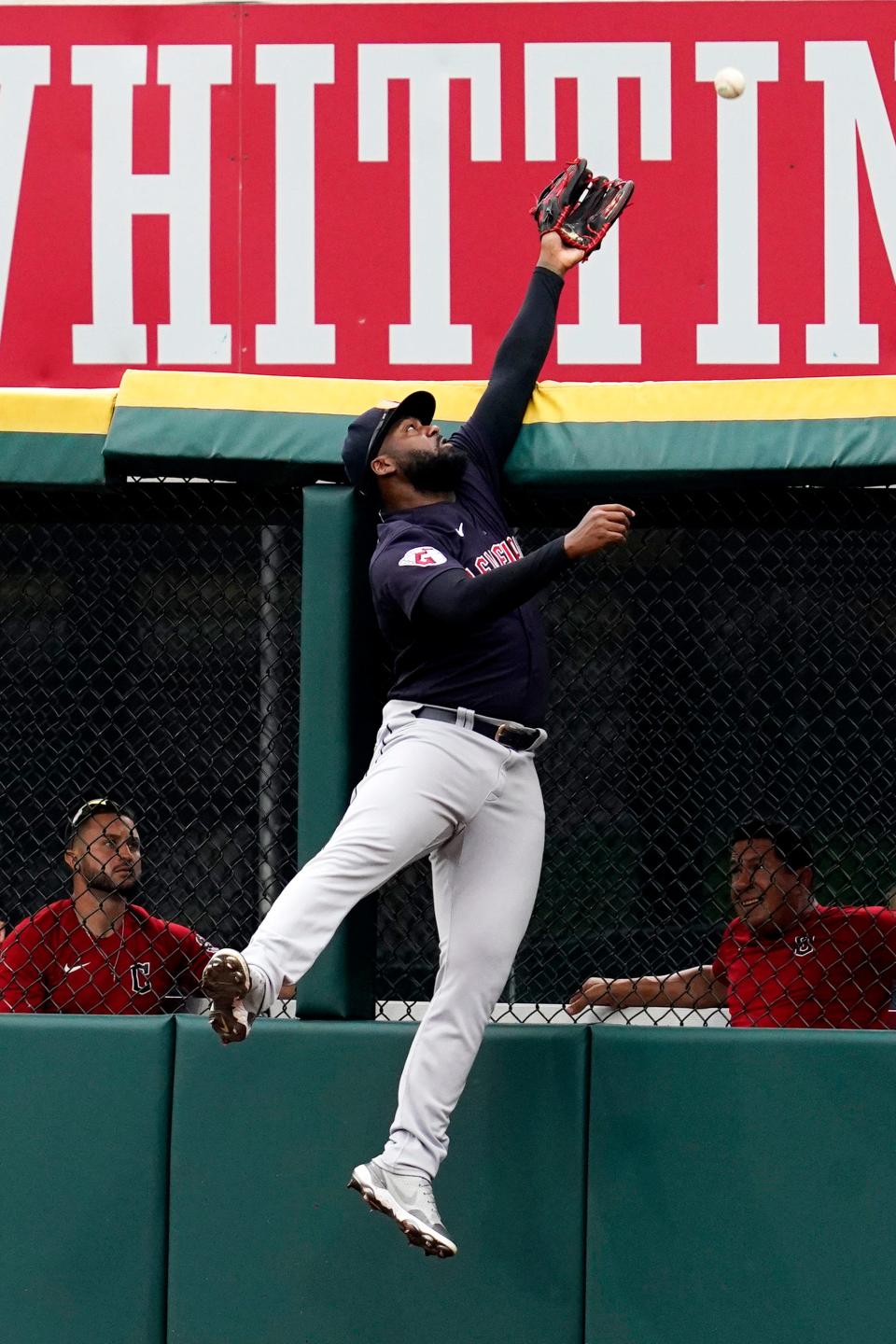 Cleveland Guardians right fielder Franmil Reyes cannot make the play on a two-run home run by Chicago White Sox's Leury Garcia during the second inning of a baseball game in Chicago, Sunday, July 24, 2022. (AP Photo/Nam Y. Huh)