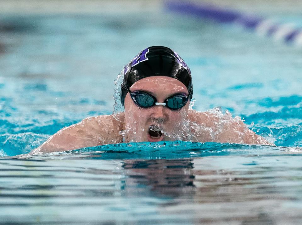 South's Kate Seidenfaden swims the Girl's 200 Yard Individual Medley race during the 2024 Counsilman Classic Swimming & Diving Meet between the Bloomington North Cougars and Bloomington South Panthers at Bloomington High School South Natatorium on January 13, 2024