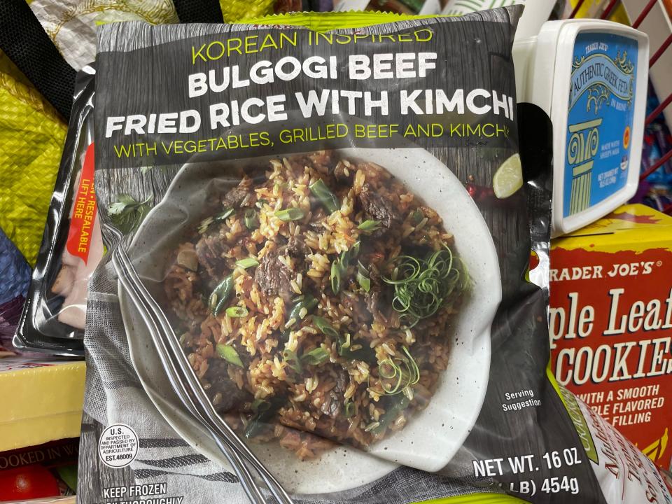 Bulgogi beef fried rice with kimchi from Trader Joe's.