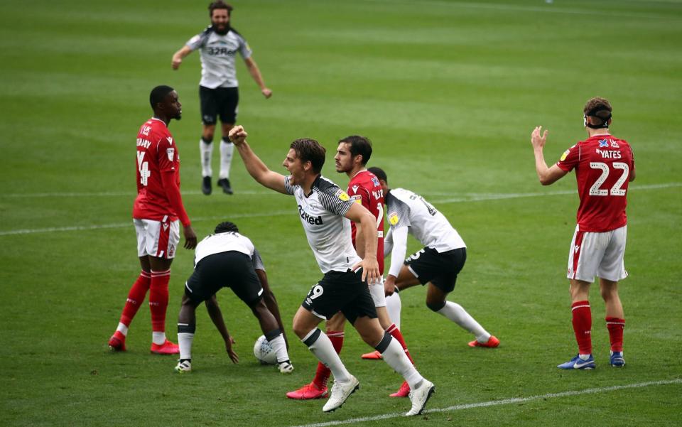 Derby County's Chris Martin celebrates scoring his sides equalising goal in the final moments during the Sky Bet Championship match at Pride Park, Derby - PA