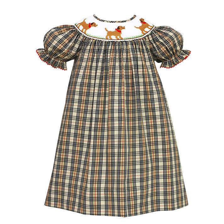 Plaid Smocked Labrador Dogs Bishop Dress