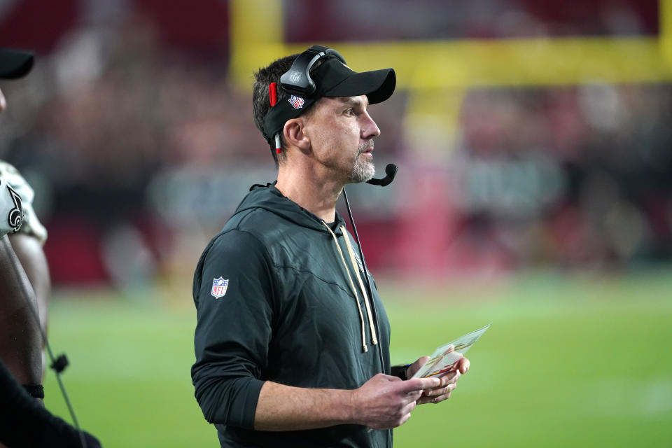 New Orleans Saints head coach Dennis Allen watches from the sideline during the first half of an NFL football game against the Arizona Cardinals, Thursday, Oct. 20, 2022, in Glendale, Ariz. (AP Photo/Matt York)