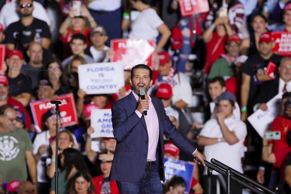 Donald Trump Jr. speaks before former President Donald Trump is scheduled to talk at Ted Hendricks Stadium at Henry Milander Park in Hialeah, Florida, Wednesday, November 8, 2023.