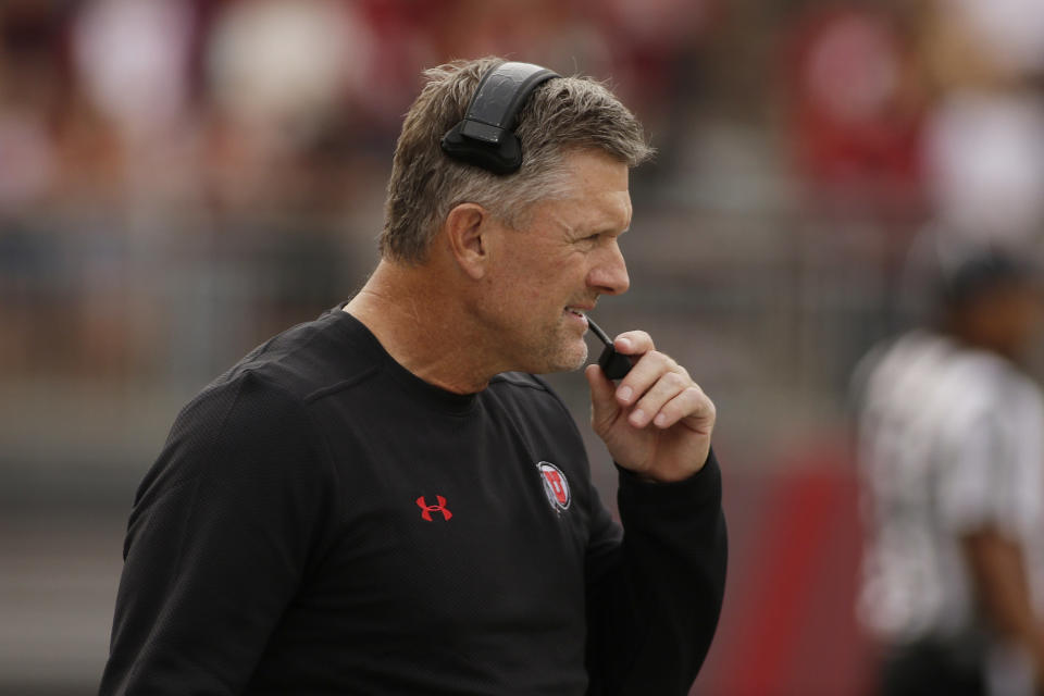 Utah head coach Kyle Whittingham looks on during the first half of an NCAA college football game against Washington State in Pullman, Wash., Saturday, Sept. 29, 2018. (AP Photo/Young Kwak)