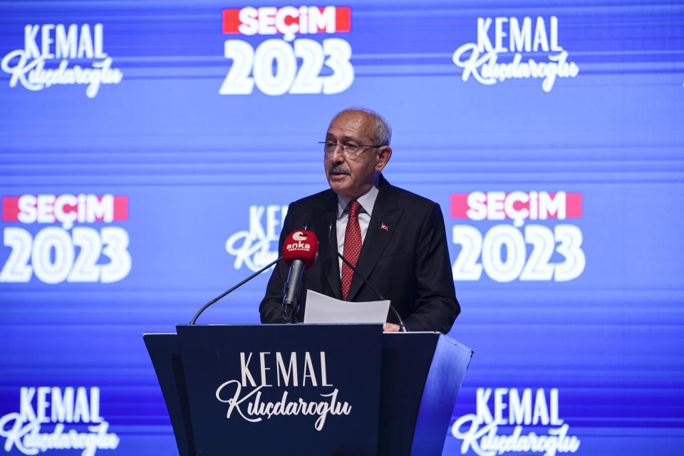 Turkish CHP party leader and Nation Alliance's presidential candidate Kemal Kilicdaroglu makes a statement at CHP headquarters in Ankara, Turkey, Sunday, May 28, 2023. Turkey's incumbent President Recep Tayyip Erdogan has declared victory in his country's runoff election, extending his rule into a third decade. (Ugur Yildirim/Dia Images via AP)