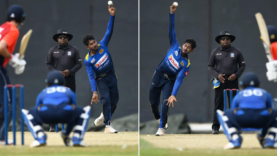 Kamindu Mendis bowls with both arms. Image: Getty