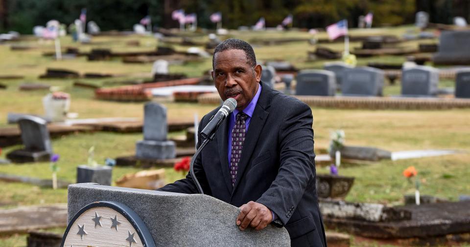 Historian Richard Bailey speaks during the rededication of Lincoln Cemetery in Montgomery on Dec. 10, 2021.