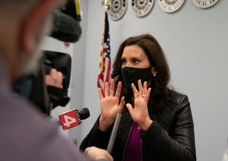 Michigan Gov. Gretchen Whitmer speaks to the news media about COVID-19 in Michigan after she joins a roundtable with local and federal leaders including U.S. Secretary of Commerce Gina Raimondo on Monday, Nov. 29, 2021 to discuss the CHIPS Act at the UAW Region 1A Stephen P. Yokich Auditorium in Taylor.