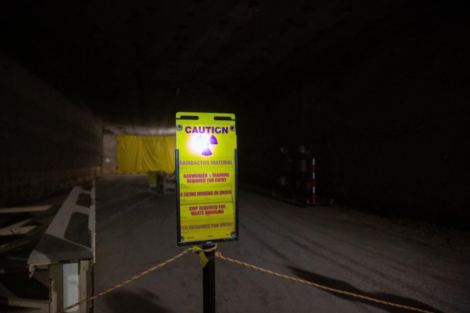 A sign cautions workers and personnel about radioactive material on Thursday, Oct. 5, 2023, at Waste Isolation Pilot Plant in Carlsbad, NM.