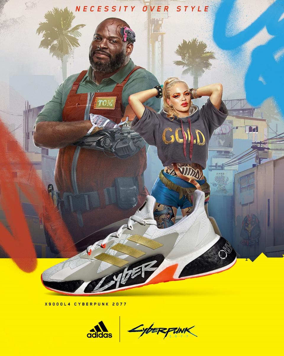 adidas X9000 L4 x Cyberpunk 2077 第三款以搶眼金屬銀色覆蓋鞋身，鞋面暗藏機械紋路，完美輸出遊戲元素，迷幻以配色充分閃耀末日機能。 圖：品牌提供