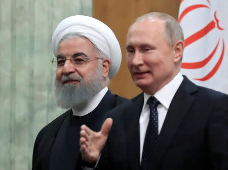 Iranian President Hassan Rouhani and Russian President Vladimir Putin meet in the Black sea resort of Sochi, Russia February 14, 2019. Sergei Chirikov/Pool via REUTERS